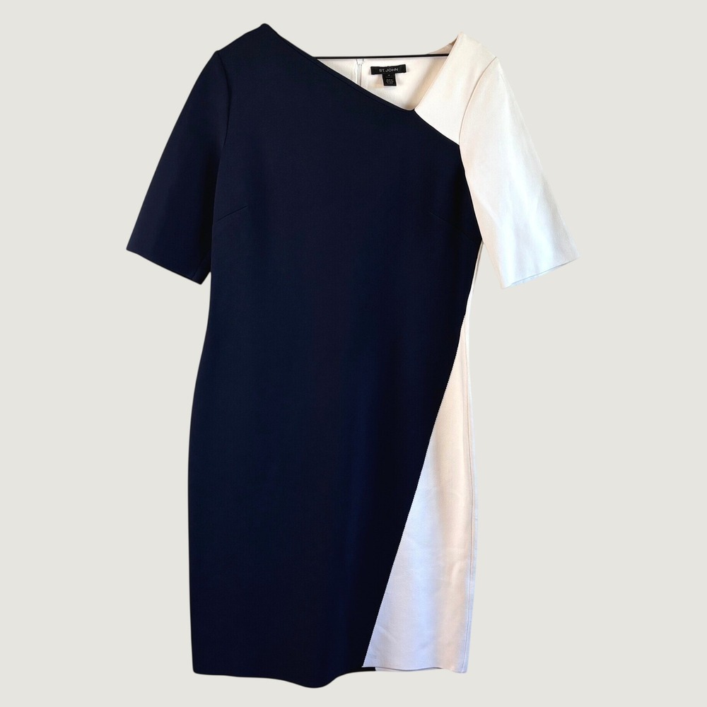 St. John Shift Dress Navy White Womens 14 Knit Elegant Minimalist Day to Night